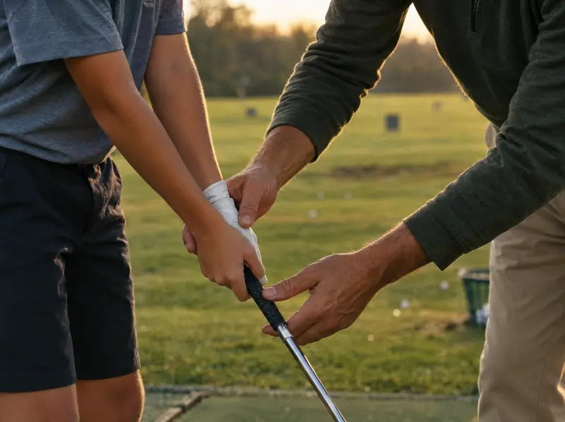 A coach adjusts a junior golfer's grip on the practice range