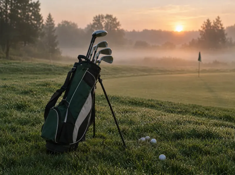 A golf bag full of clubs standing on a dewy course at dawn