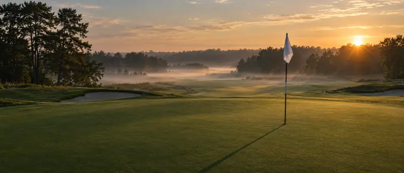 A flagstick on an empty green at sunrise before a tournament