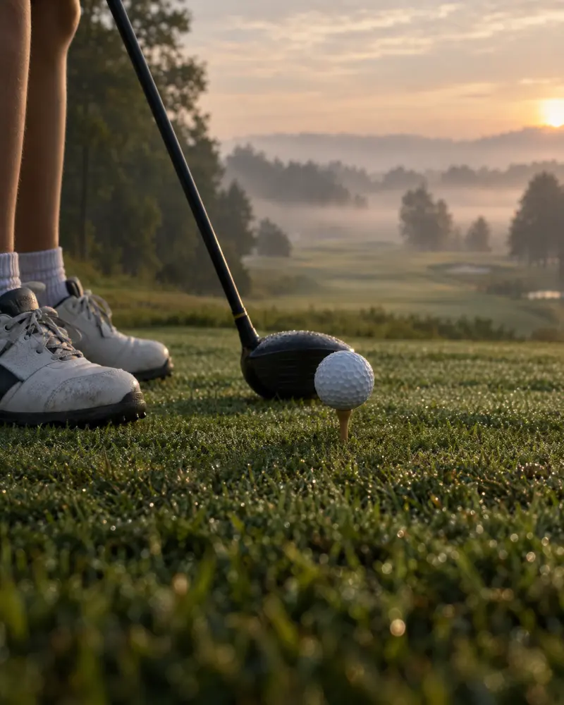 A golf ball on a tee beside a junior's golf shoes at dawn