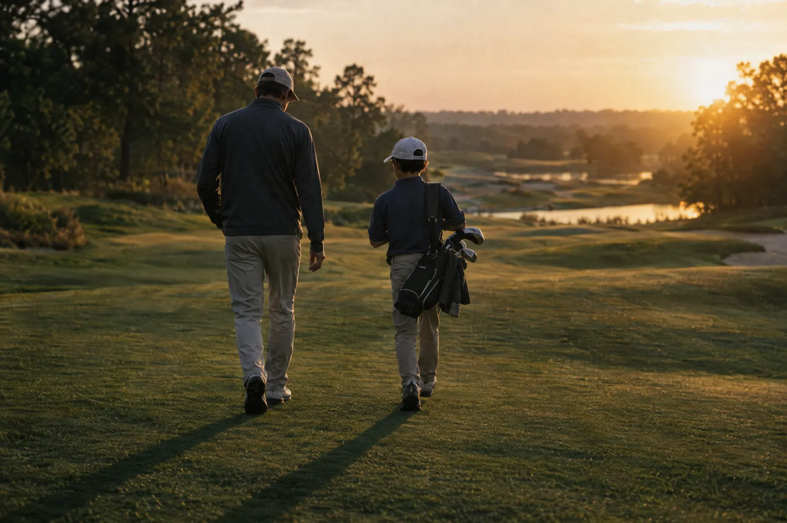 A coach and a junior golfer carrying a bag walk down a fairway at sunset